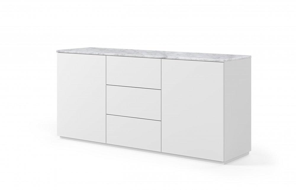 Buffet WHITY 2 blanc mat 180cm 2 portes/3 tiroirs Plateau en Marbre blanc